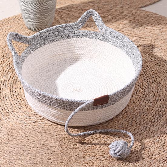 Handwoven Rope Cat Basket Cat Bed Basket with Rope Knot Ball Cat Ear Design Foldable Cat Bed for Indoor Cats Lounging Sleeping Entertainment