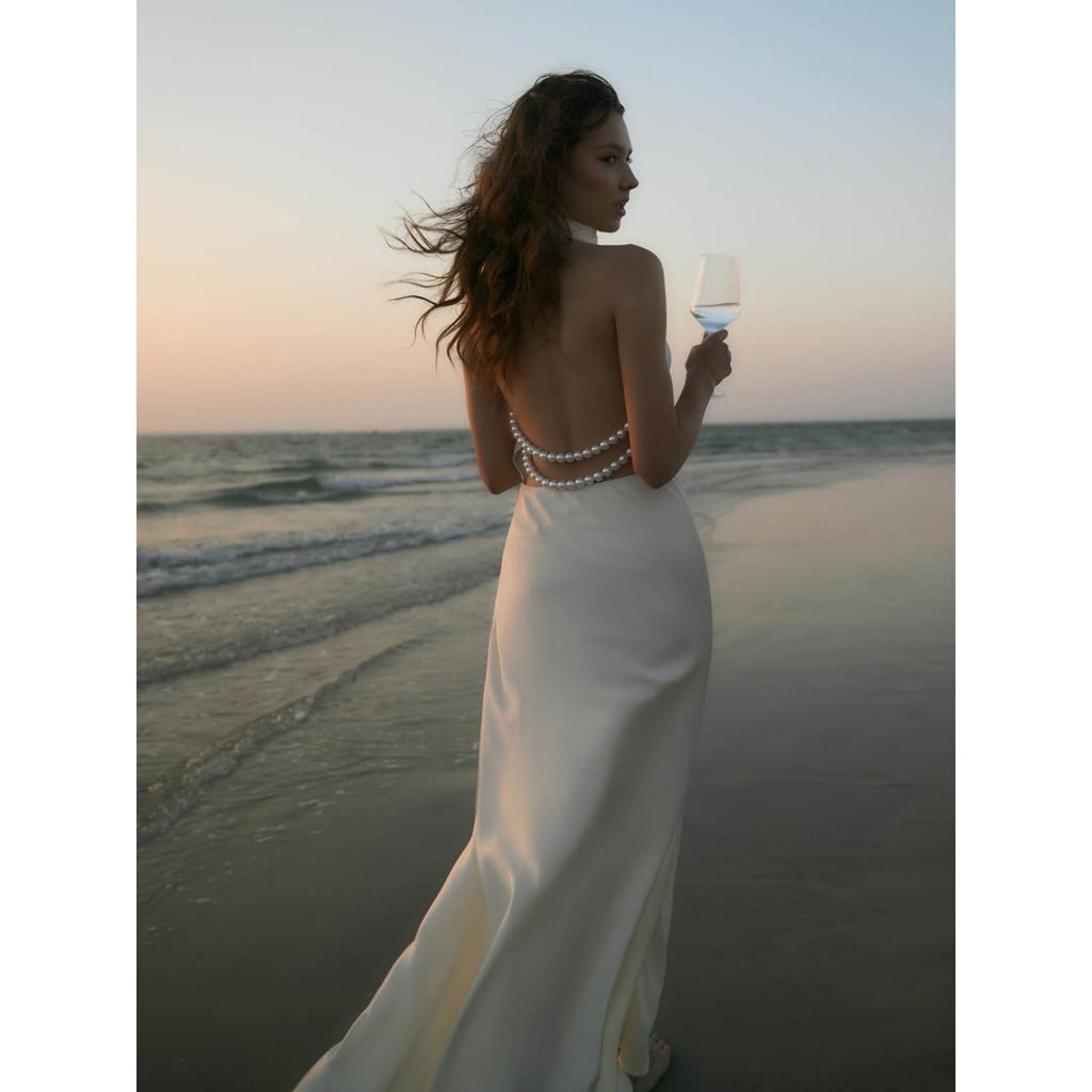 Summer New Satin Halter Dress Women's Sexy V-neck Backless Slim Fit Long Maxi Dress European American Crossbody Women's Clothing