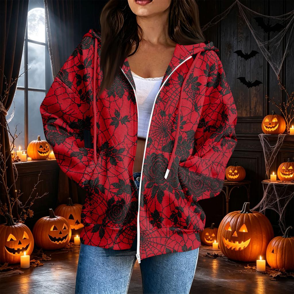 Women's Casual Long Sleeve Zip-Up Halloween Print Hooded Sweatshirt