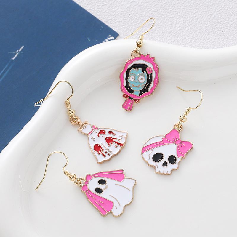 Pink Ghost Witch Skull Halloween Earrings – Women’s Trendy Cartoon Accessories