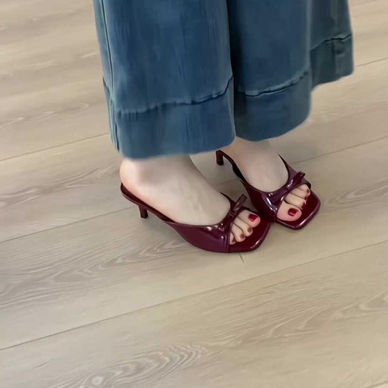 Summer Women Square Toe High Heel Slippers Fashion Butterfly-knot Dress Slide Ladies Evening Party Sandalias