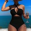 Damen Hohe Taille Einfarbige Rückenfreie Neckholder Einteiler Konservativer Sexy Badeanzug