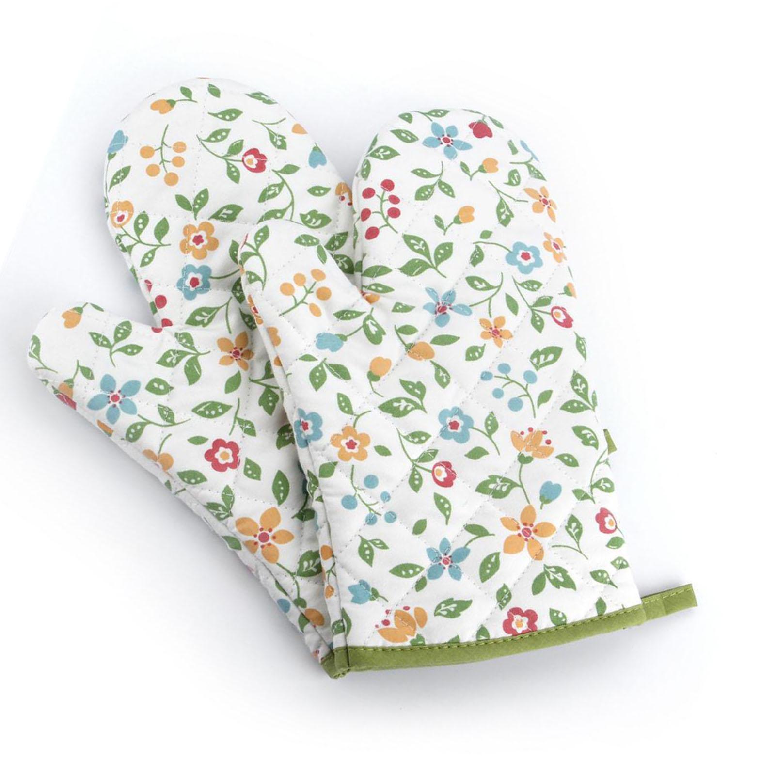 

1 Pair Oven Gloves Non Slip Flower Grass Pattern Heat Resistant Microwave Mitts for Cooking Kitchen