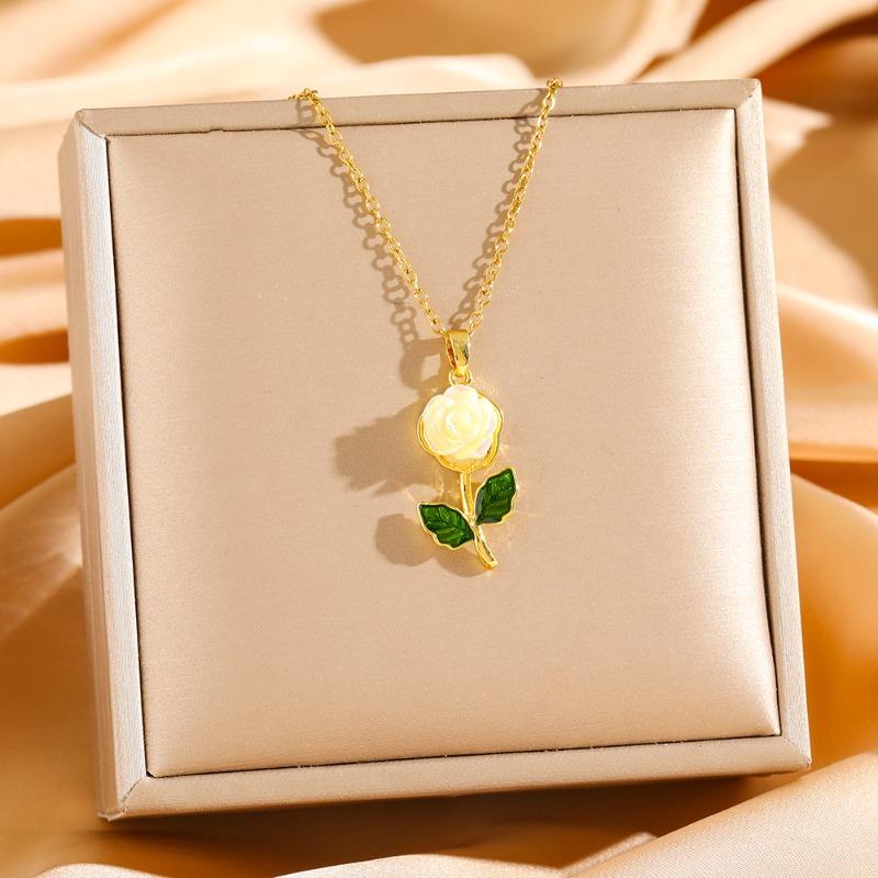 Titanium Steel Rose Flower Pendant Necklaces, Gold Plated Enamel Romantic Jewelry for Daily Wear & Gift