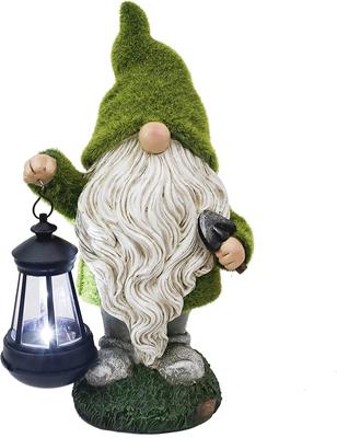 Flocked Garden Gnome Ornaments with Solar Powered Lights Lantern, Waterproof Resin Garden Statue Out