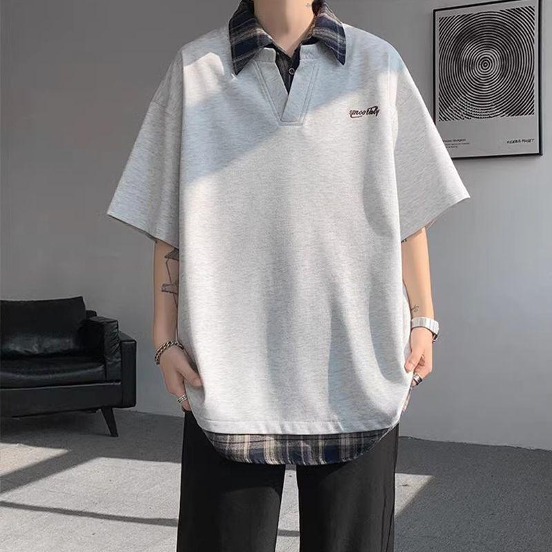 

Fake Two Pieces Plaid Pullovers Summer Polo-Neck Loose Men s Clothing American Retro Letter Casual Stylish Patchwork T-shirts L белый