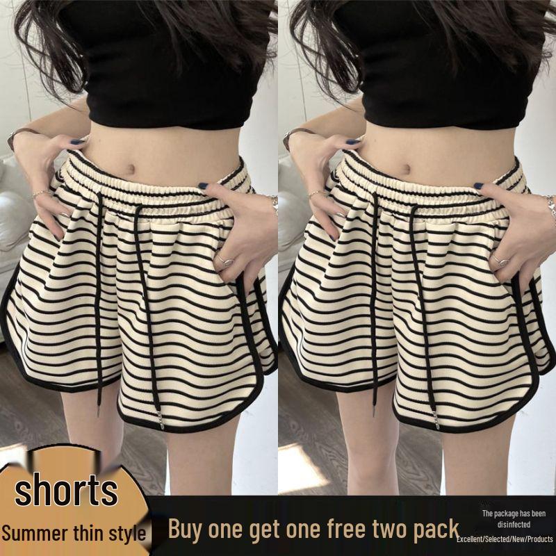 Women's High Waist Black & White Striped Summer Sports Shorts - Slimming A-Line Wide Leg Design
