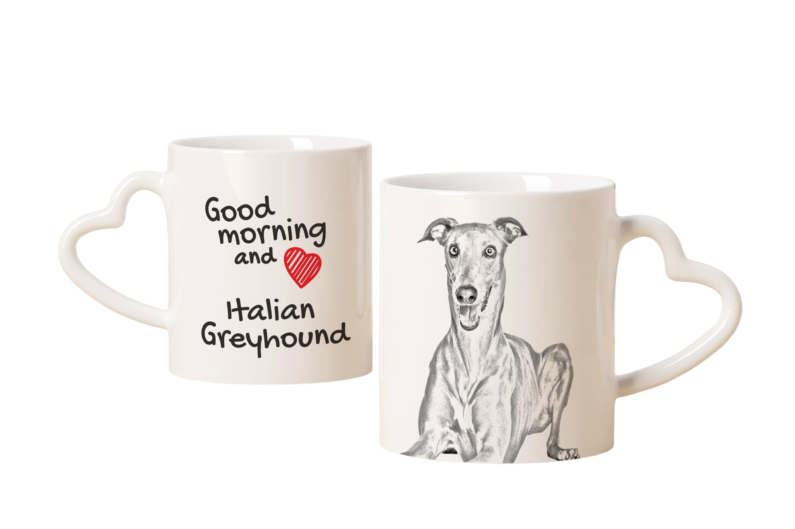 

Italian Greyhound, Italian Sighthound - cup with a dog, adorable cup with a heart-shaped handle, universal gift from the Art-Dog brand білий