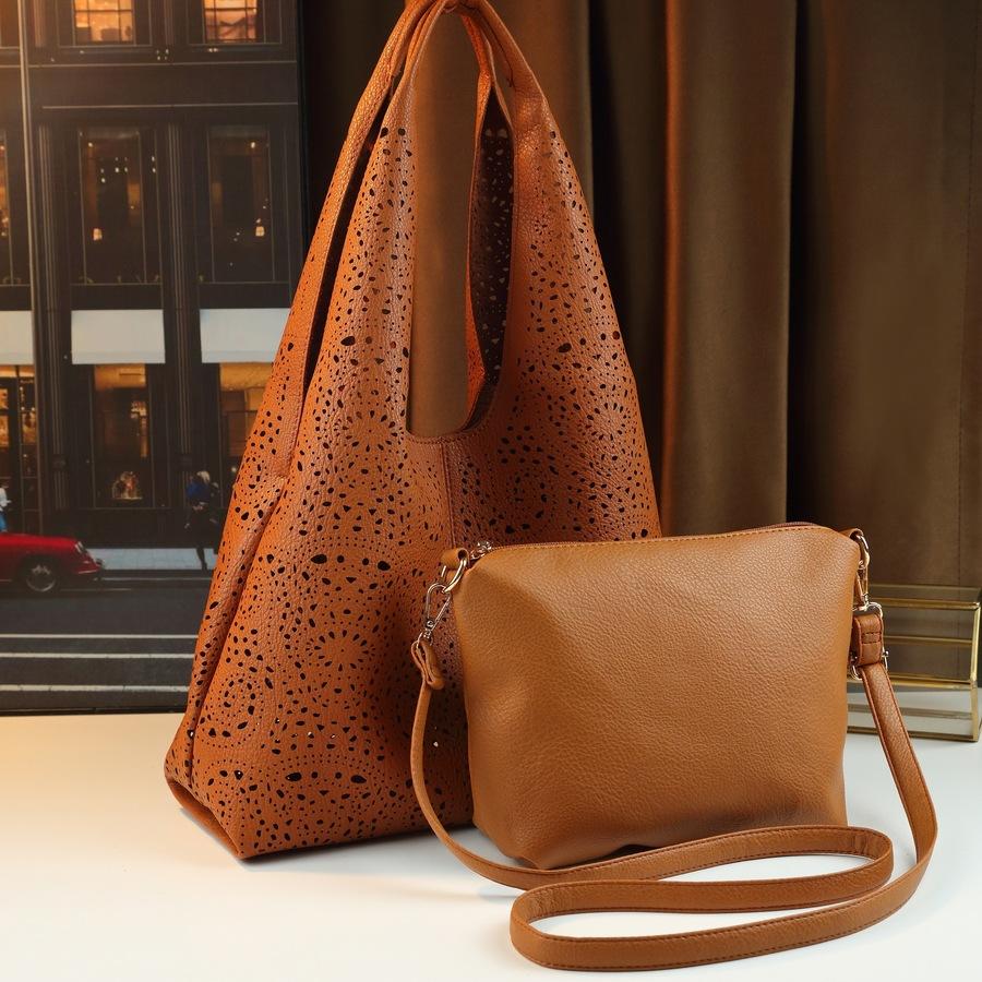 

Hollow Out Mother and Child Bag, Cashew Flower Women s Bag, Large Capacity Commuting Bag, Tote Bag, Beach Bag, Single Shoulder Crossbody Letter Bag темно-коричневого кольору