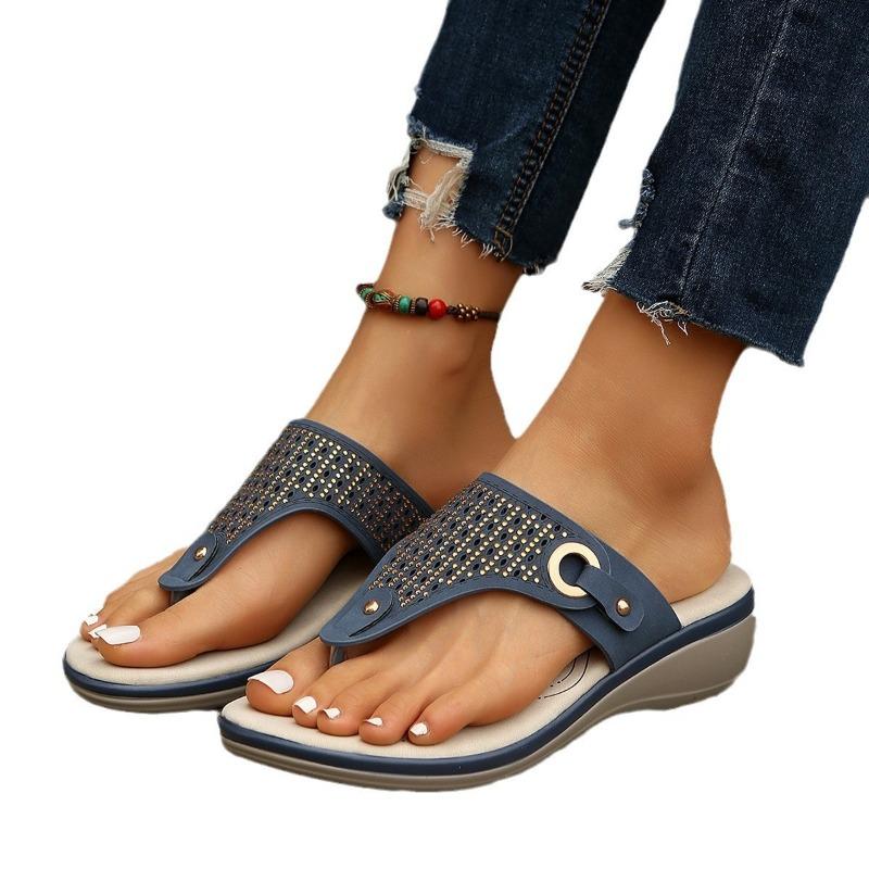 Pinch feet cool slippers women's summer new large size hollow rhinestone slope heel cool slippers women