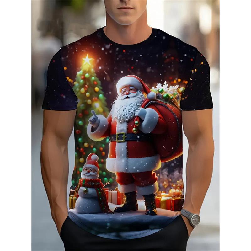 Christmas Tree Pattern Men's T-Shirt Funny Santa 3D Print Summer Casual Short Sleeve Crew Neck Top