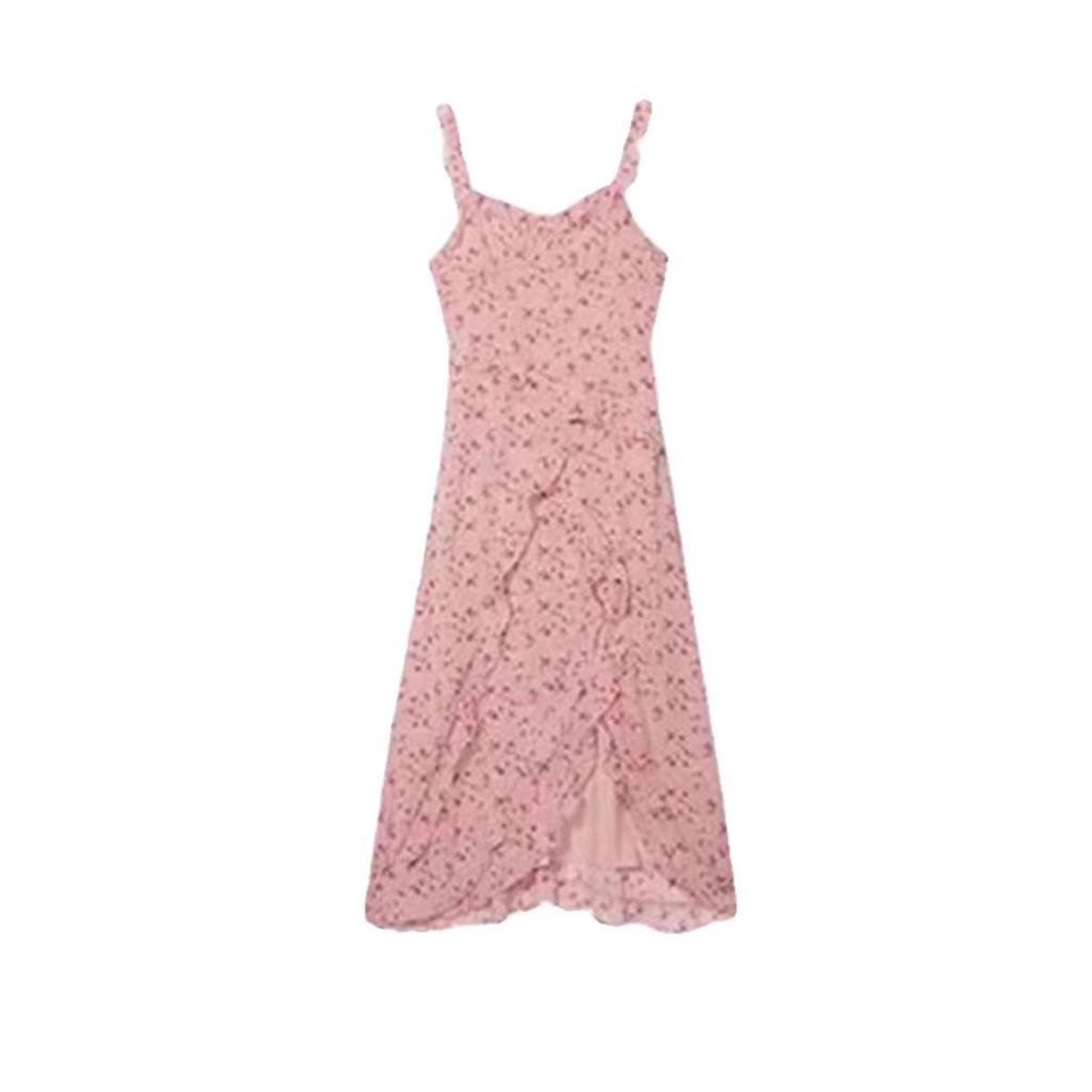 Sweet and gentle temperament pink suspender floral dress summer new thin lotus leaf dress split dress