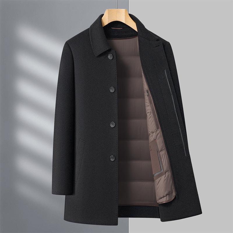 Men's Winter Woolen Overcoat with Detachable Down Liner, Double-Faced Wool, Regular Lapel for Middle-Aged Men.