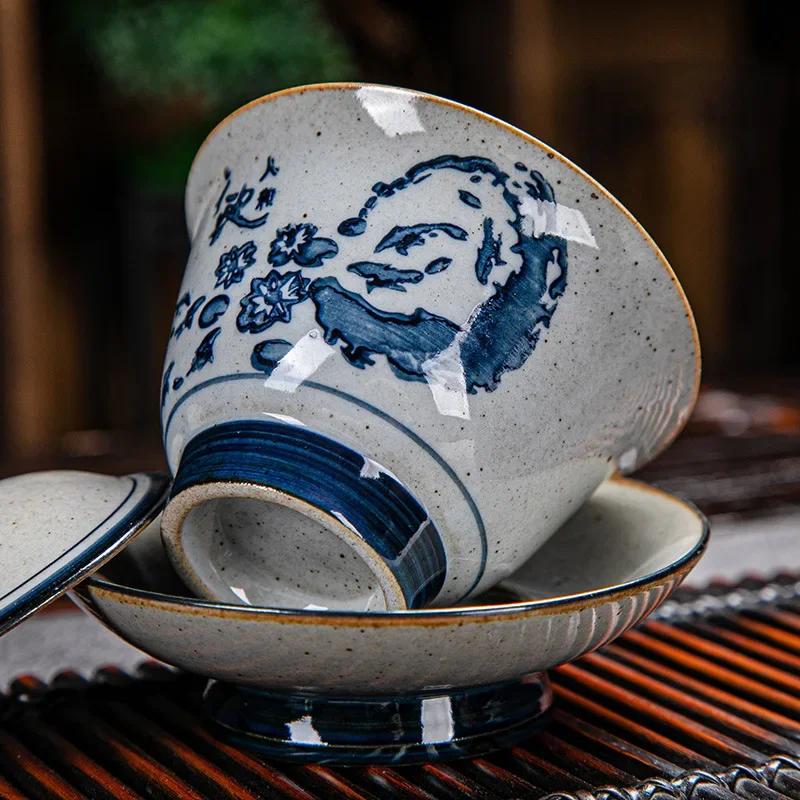 Vintage Firewood Hand Painted Gaiwan, Ceramic Blue and White Ceremony Bowl, Kung Fu Tea Set, Stoneware Brewing Cover, Tureen
