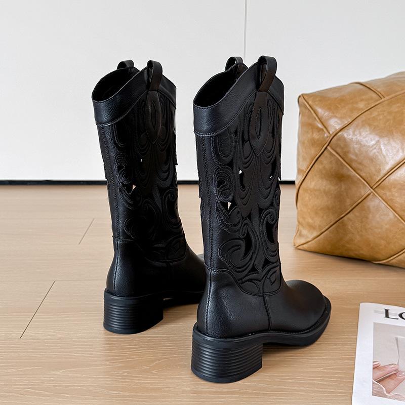 Embroidery v-mouth thick-soled thick-heeled western cowboy boots women's 2025 new retro square head hollow Martin boots medium boots