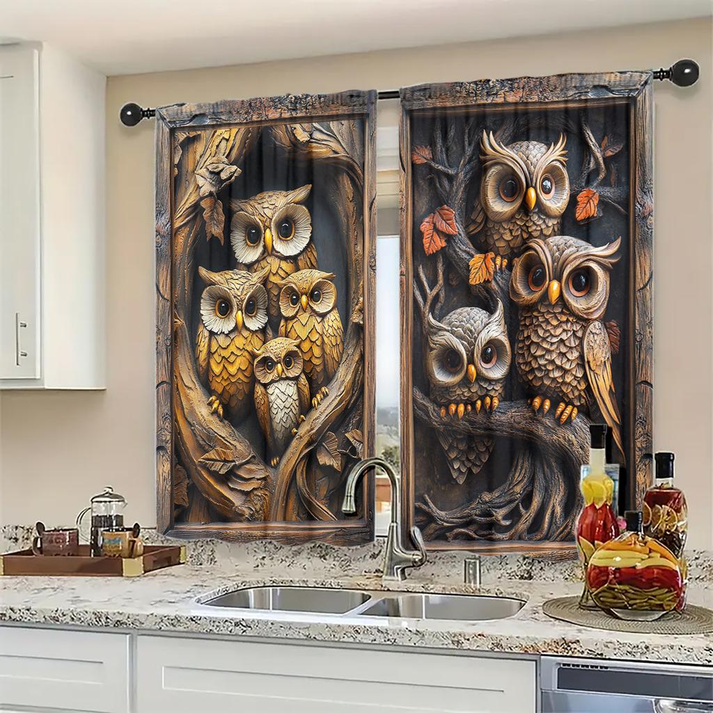 2pcs Vintage Woodcarved Owl Printed Curtain for Home Decor - Rod Pocket Window Treatment for Bedroom, Office, Kitchen