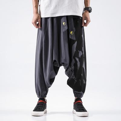 2019 Spring/Autumn Chinese Style Cotton-Linen Casual Printed Drop Crotch Cuffed Pants with Belt