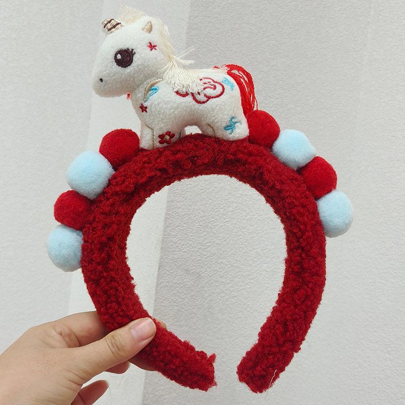 Red Zodiac Horse Headband - Cute Cartoon Accessory for Women and Children (Autumn/Winter Collection)