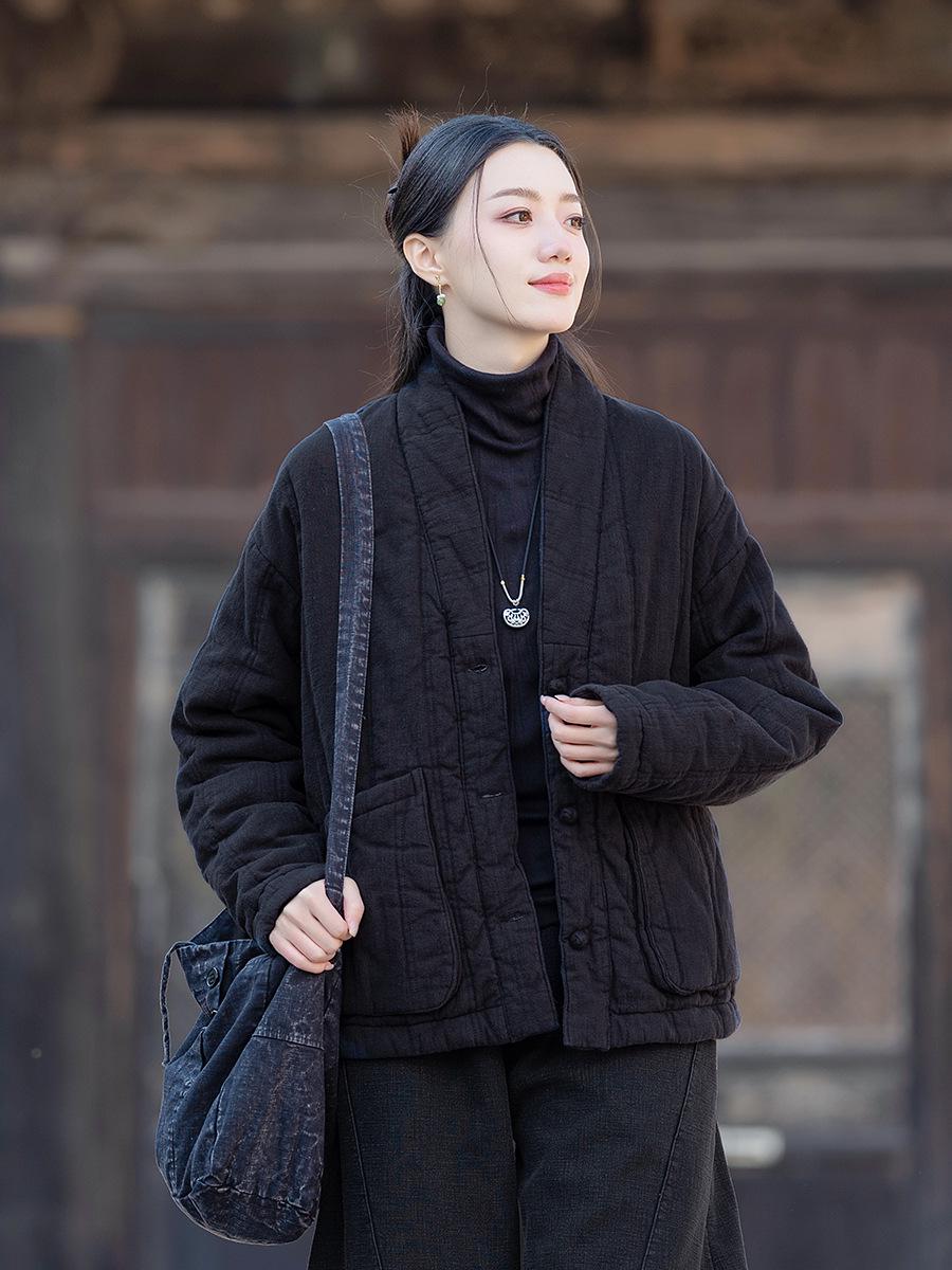 

Зимняя женская стеганая куртка из рами, короткая, с шалевым воротником и застежками-лягушками One Size