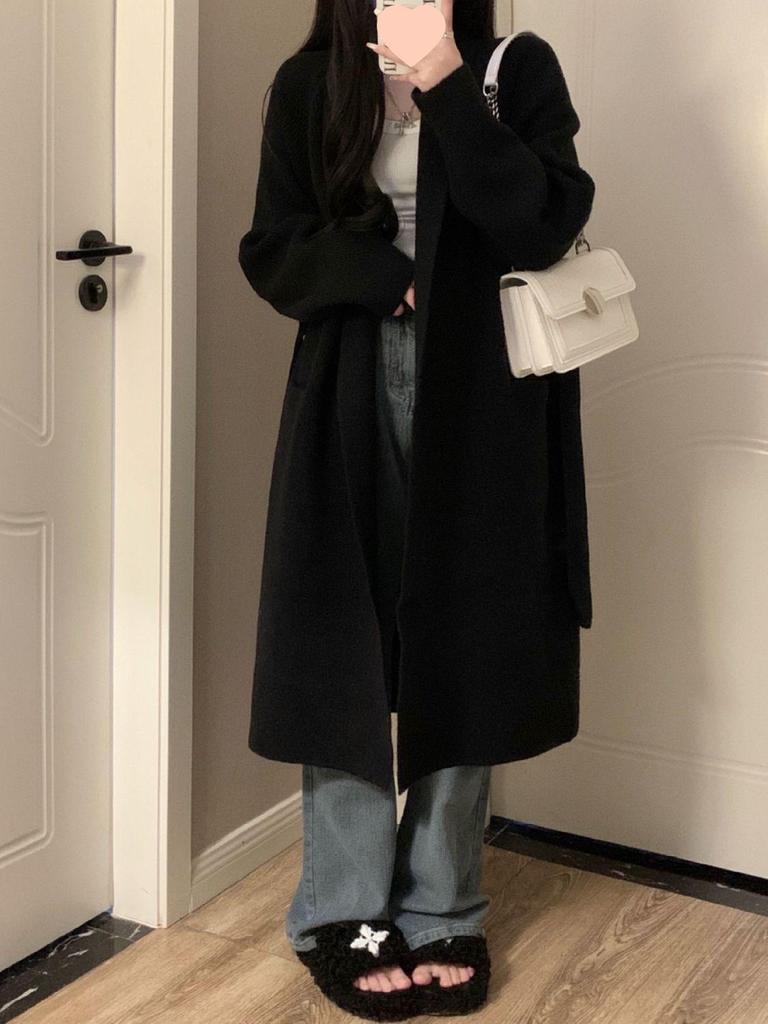 Women's Gray Oversized Knit Sweater Coat: Mid-Length, Over-the-Knee, Autumn/Winter, Thickened Lazy Style.