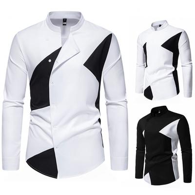 Camisas de cuello Henry para hombre, con parches de colores contrastantes, para vestir, ropa informal de fiesta, camisas de manga larga para hombre