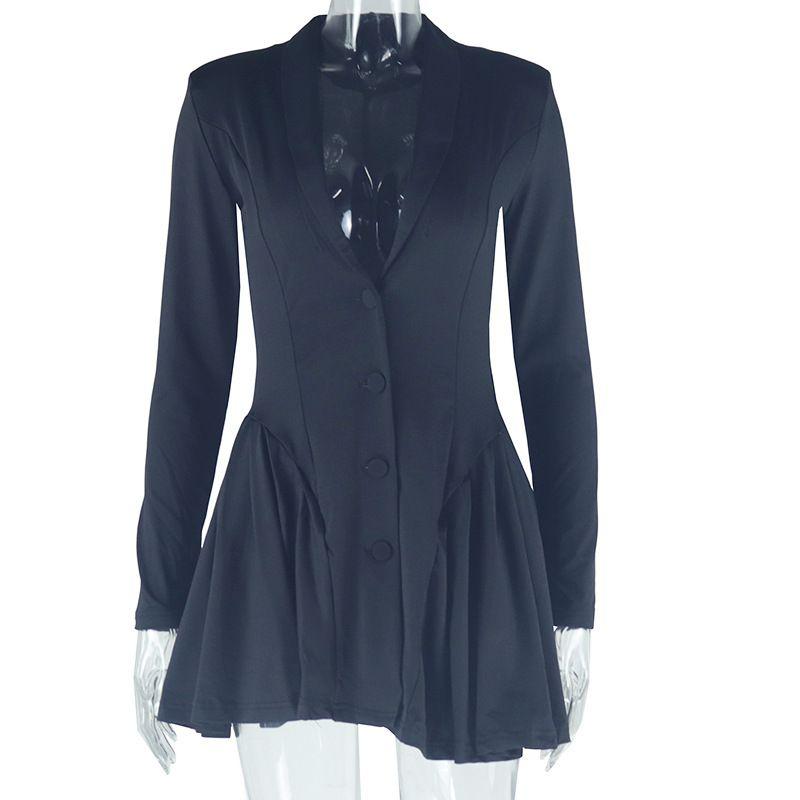 

Fashion Style Women s Clothing Fashion Sexy Pure Color Single Breasted Pleated Skirt Deep V Long Sleeve Dress Dress Black L