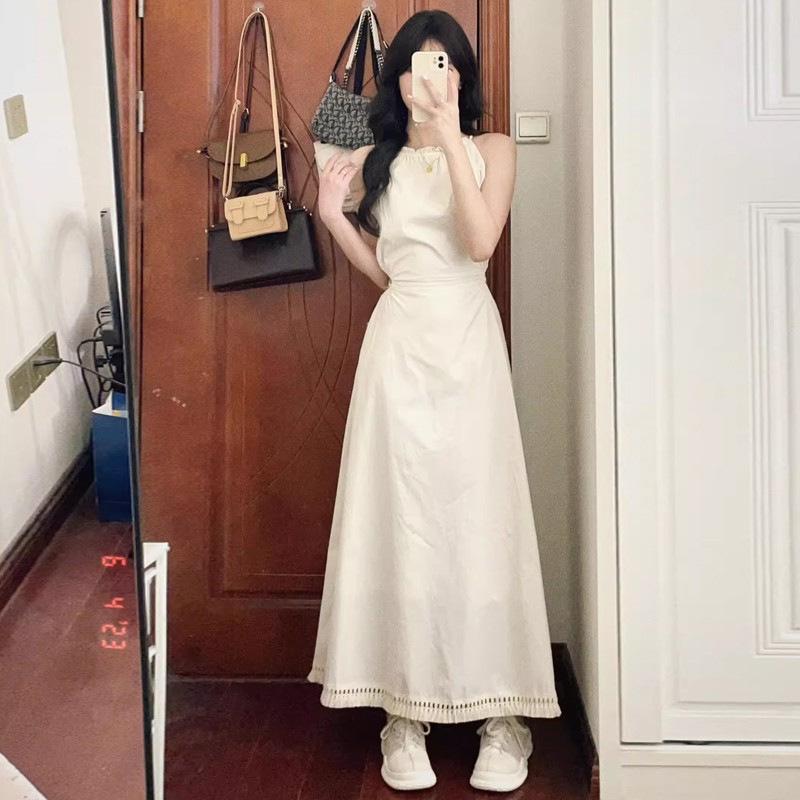 Elegant French Niche Backless Halter Strap Hollow Sleeveless Tie Long Dress