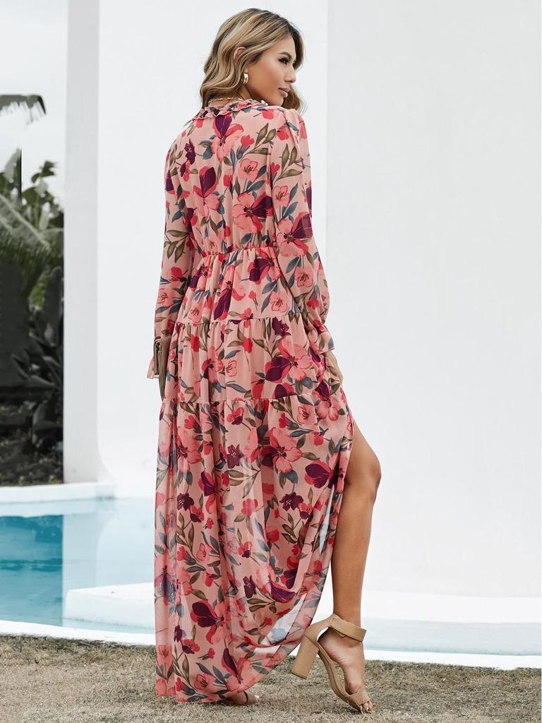 2025 Women's Fashion Long Sleeve Evening Dress - European & American Print Design