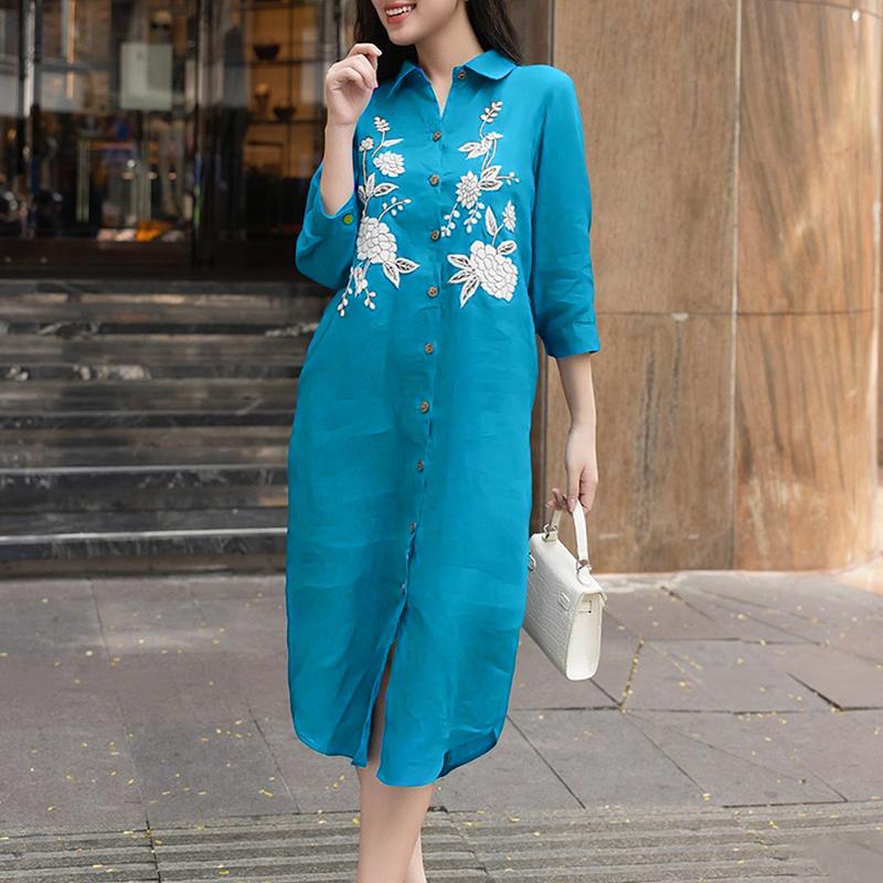 

ZANZEA Женское повседневное платье с отложным воротником, свободным рукавом 3/4 и принтом S