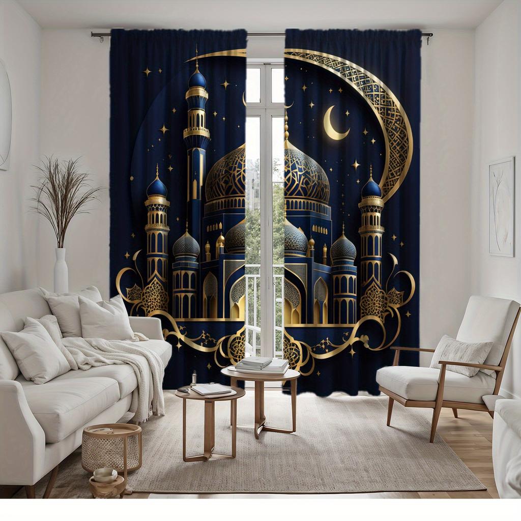 Set Of 2 Islamic Architecture Curtains Golden Star Moon Print Polyester Living Room Bedroom Light Blocking Made Area Window Treatment