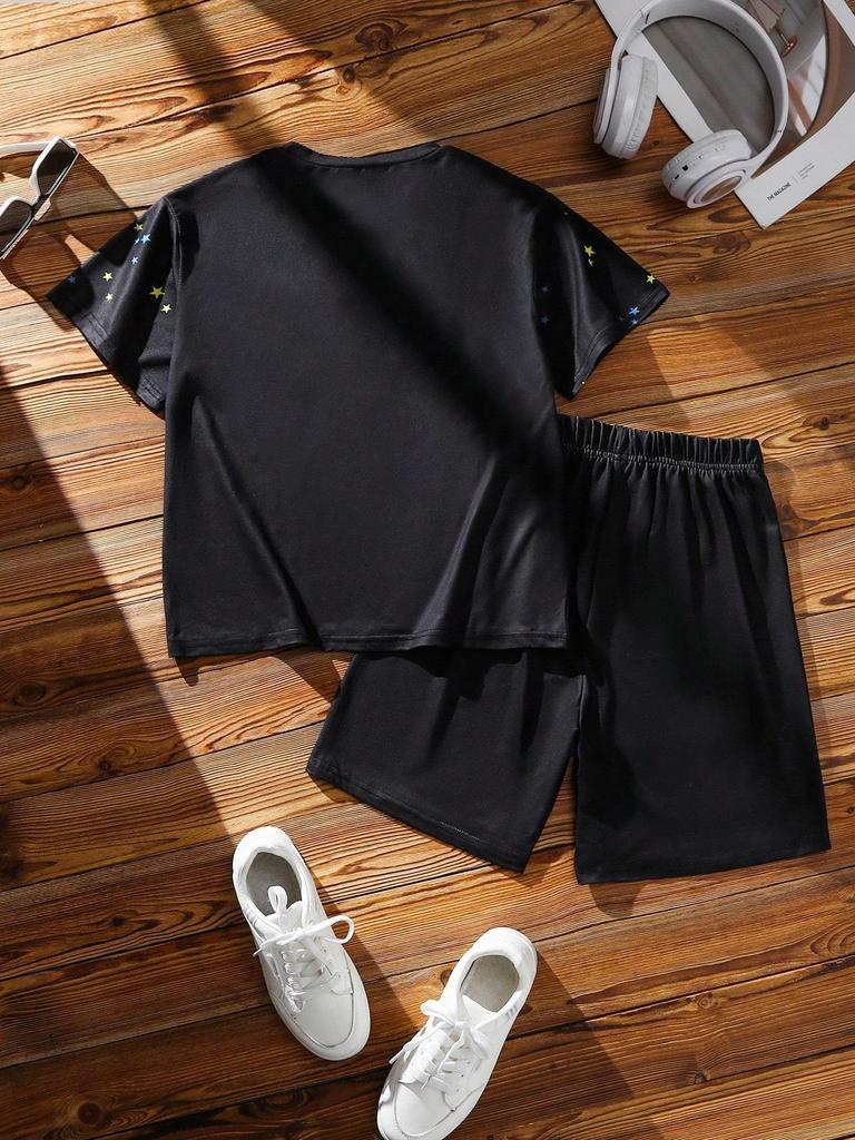 Boys' 2-Piece Casual Street-Style Set (Spring/Summer): Short-Sleeve Crew-Neck T-Shirt & Shorts Featuring Distinctive Spiderweb and Letter Prints