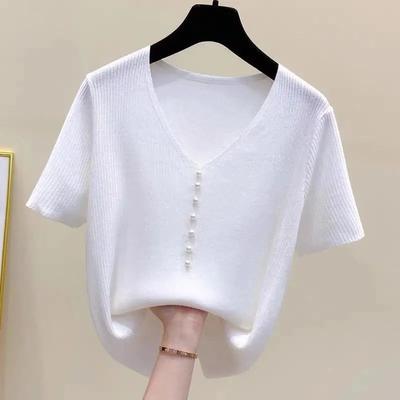 Women's V-Neck Knit Top Short Sleeve Pearl Button Casual Loose Fit Blouse