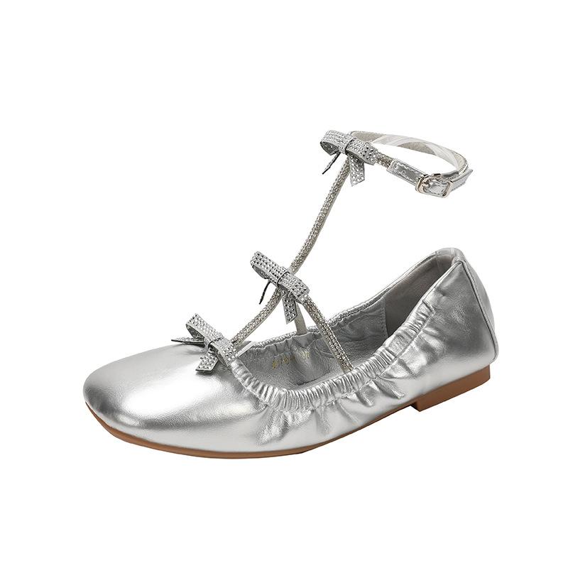 

Мода 2025 Роскошные Стразы Бант Мэри Джейн Женские Балетки Весна Лето Мягкая Кожа Танцевальные Лоферы Модные Девичьи Туфли-Лодочки 40 серебряный