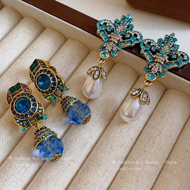 Silver Needle Diamond Pearl Water Drop Geometric Earrings Retro Light Luxury Premium Earrings Exaggerated Design Earrings