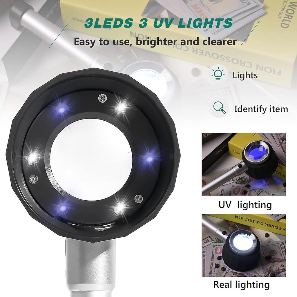 30X Handheld Magnifier with 6 Light, Jeweler Loupes Lighted Magnifying Glass-USB Rechargeable for Seniors Reading Coins Crafts Jewelry Hobbies