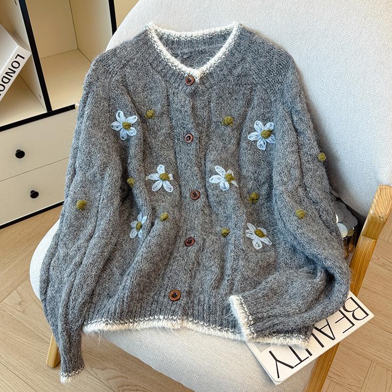 Hochwertiger 3D-Blumen-Strickcardigan mit Rundhalsausschnitt für Damen - Handgefertigter Häkelpullover-Mantel für Herbst/Winter 2026