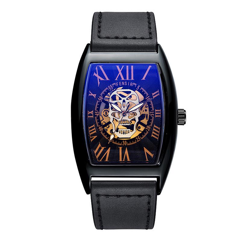 Finish 2027 Skull Face Mesh Strap Men's Waterproof Barrel-Shaped Tictok Watch with Leather Belt