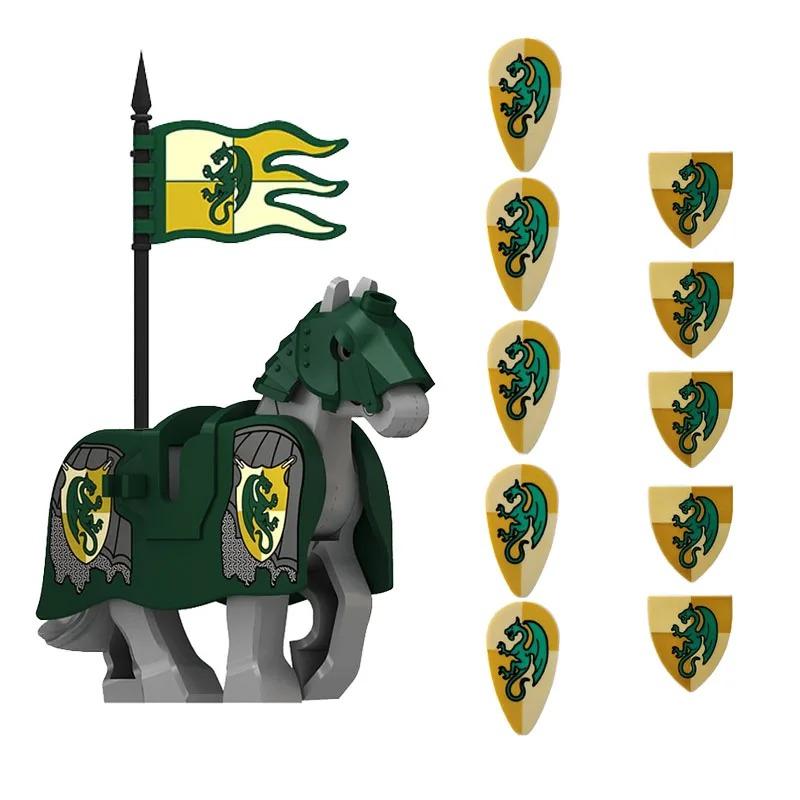 MOC Medieval Red Lion Black Eagle Castle Soldier Knight Horse Mount Building Block Military Figure Vest Armor Flag Toy Gift B036