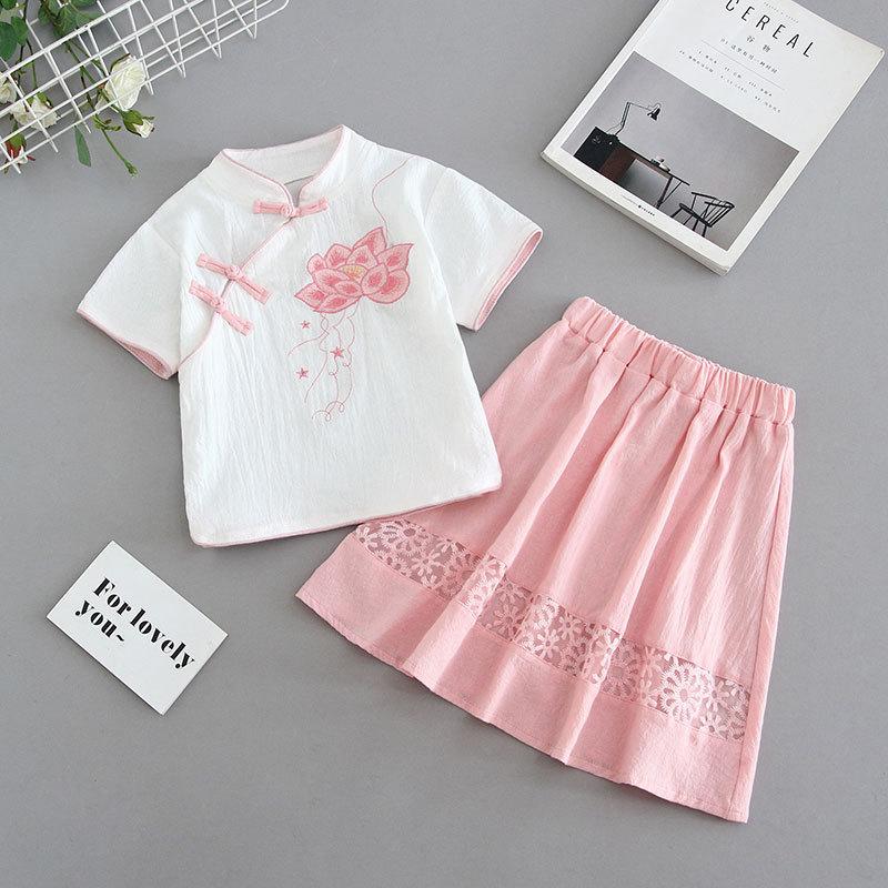 Kız Çocuk Yabancı Stil Retro Çin Stili Hanbok Takımı Küçük Kız Çiğsam Yarım Etek Yaz İki Parça Takım