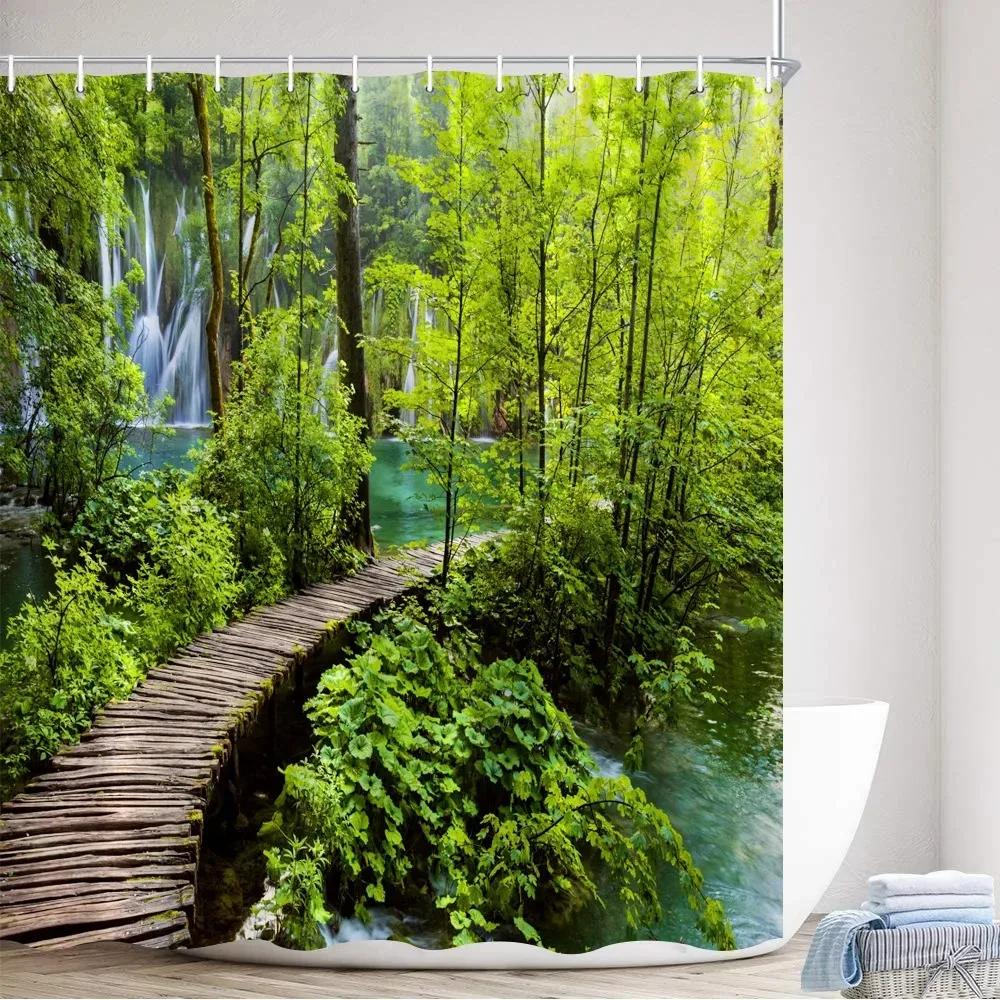 Tropischer Regenwald Duschvorhänge Waldpflanzen Rustikale Naturlandschaft Badevorhang Gartenwandbehang Badezimmer Dekor Haken