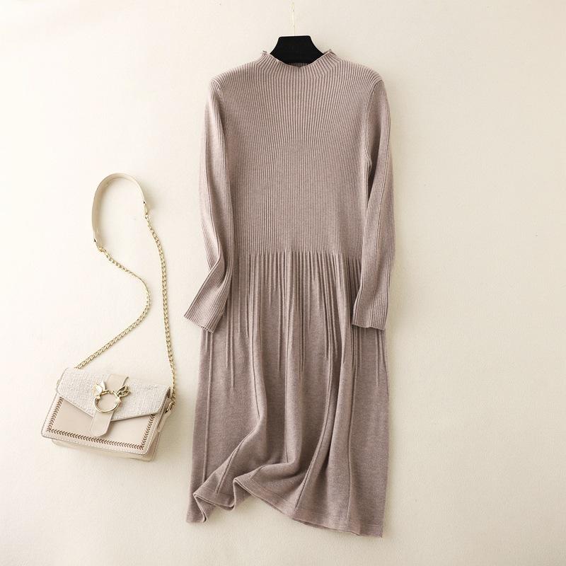 Dámské jednobarevné plisované úplety s dlouhým rukávem do O Neck Podzim Zimní ležérní svetrové šaty