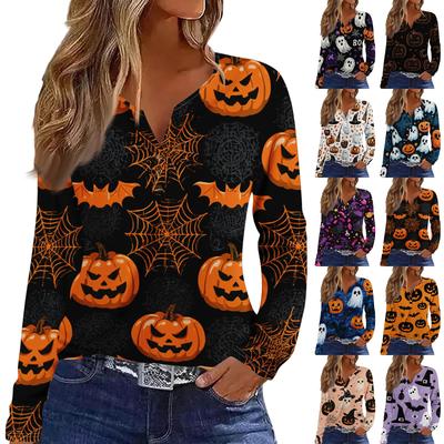 Women's Halloween Print V-Neck Long Sleeve T-Shirt with Button for Casual Holiday Wear
