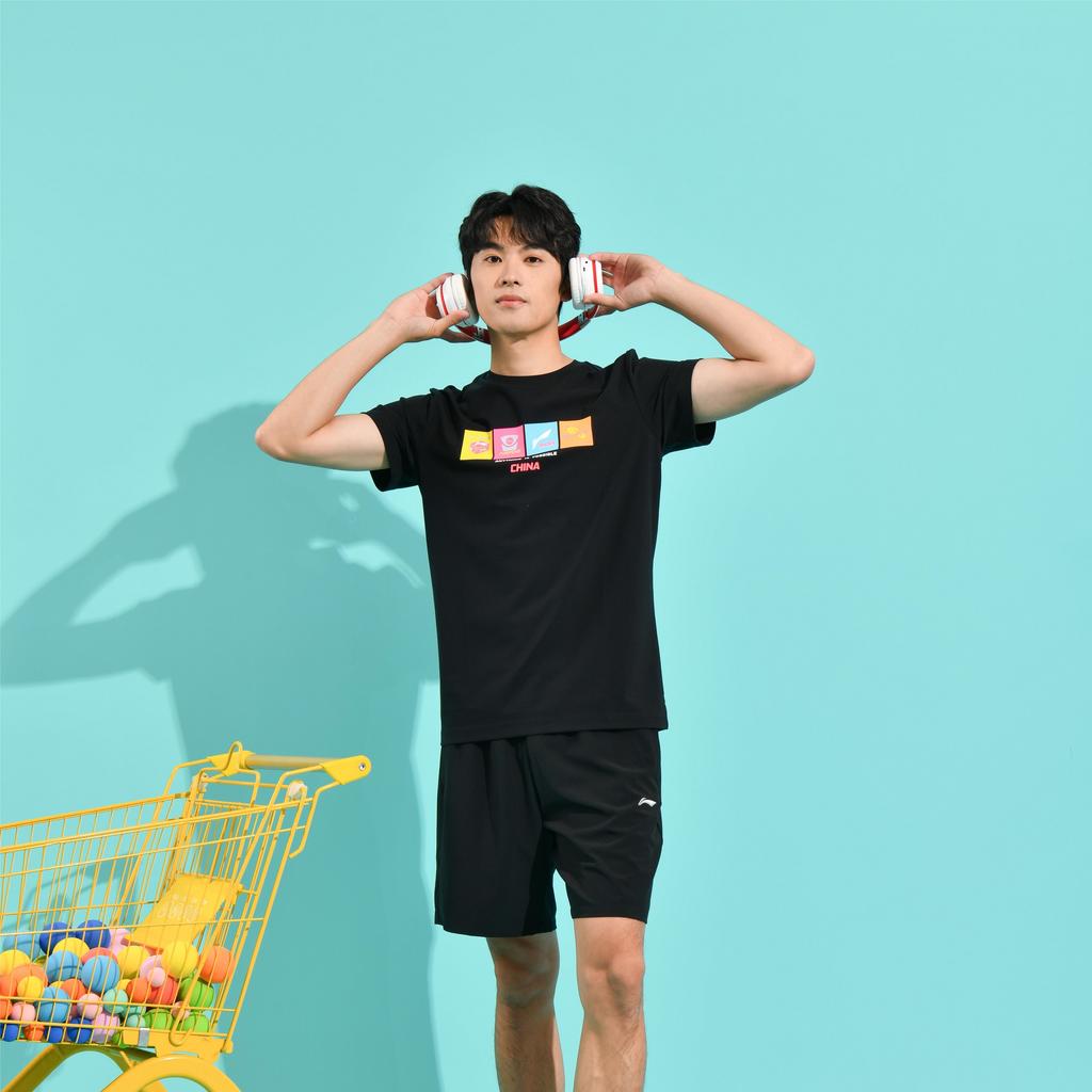 Li-Ning Ping Pong Series Pattern Print Round Neck T-Shirt Unisex Tops Black ATST031-3