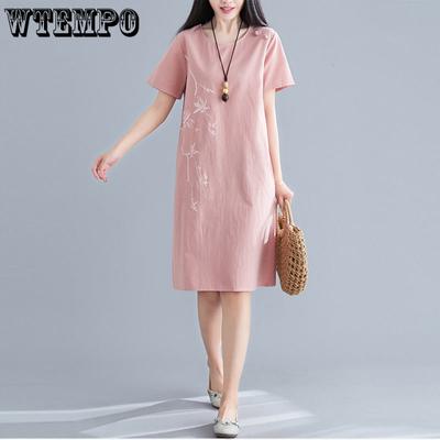 Women's Dress Cotton Linen Embroidered Dress Summer Ethnic Wind Loose Thin A-line Dress Fashion Mid-length Dress