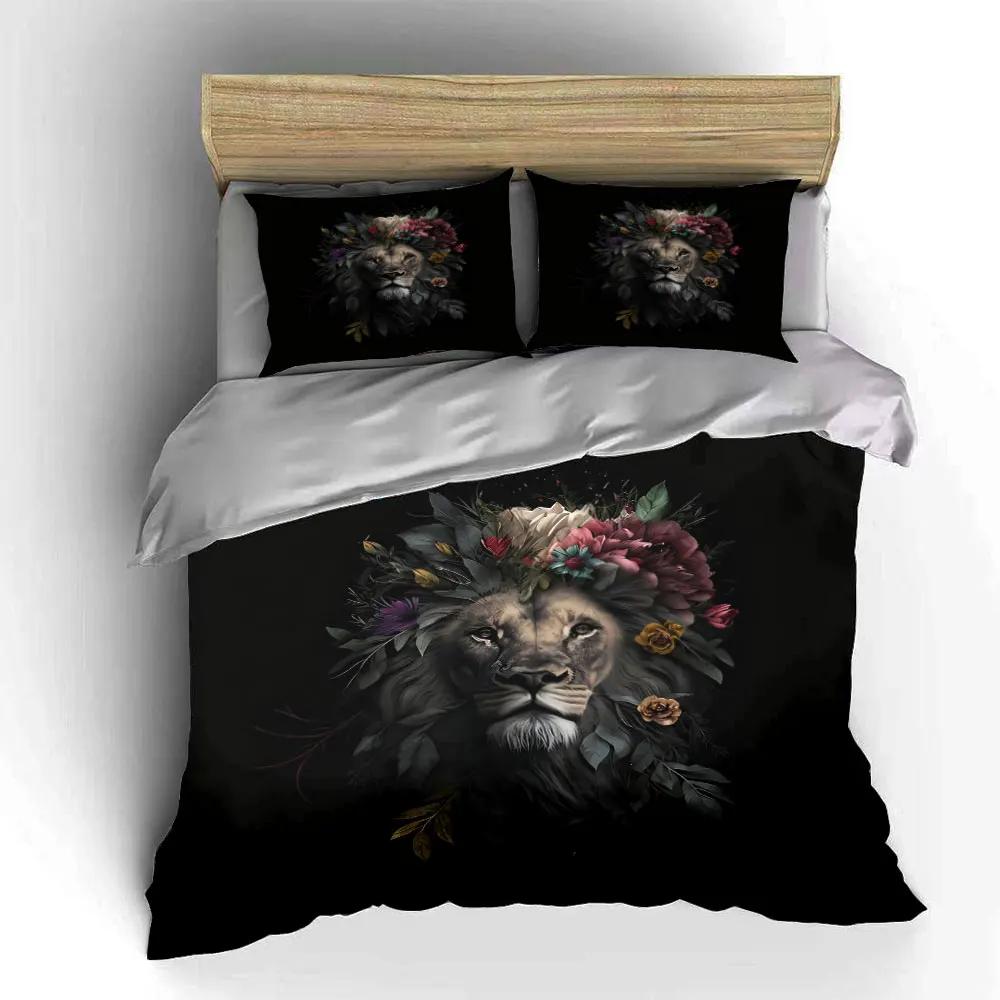 Lion Floral Art Decor Prints Soft Comfortable Duvet Cover Bedding Set Included 1*Duvet Cover & 2*Pillowcases gift