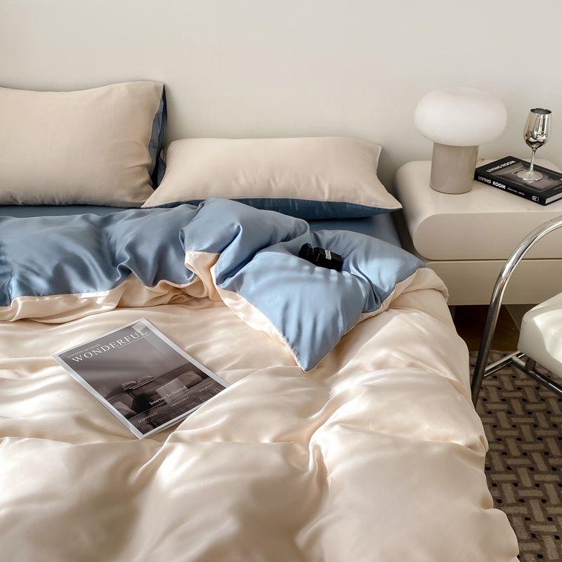 Summer Bedding Set Luxury Ice Silk Four Piece Set, Washed Silk Bed Sheet and Quilt Cover Set Summer Cool Feeling Soft Smooth