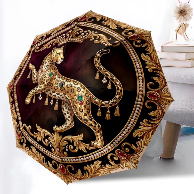1pc Sturdy 8-Bone Auto Umbrella, Golden Ornate Lion Umbrella, Digital Printed, Foldable Umbrella for On-the-Go Outdoor Use