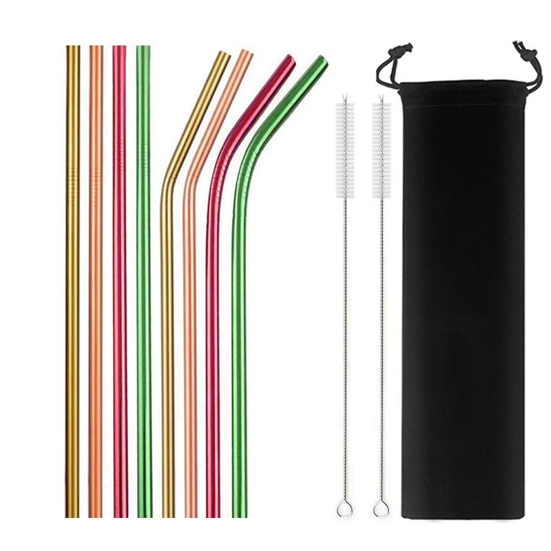 8Pcs Colorful Reusable Metal Straw High Quality 304 Stainless Steel Straws Set with Cleaner Brush Bar Party Drinking Straws