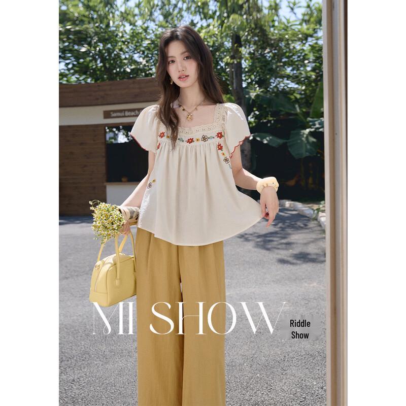 French Retro Embroidered Puff Sleeve Lace Top S