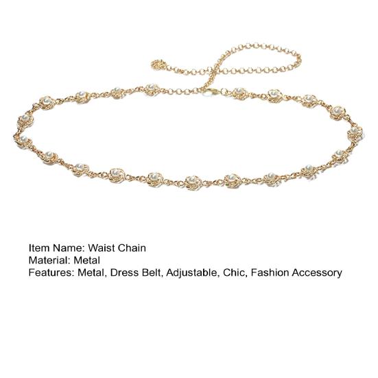 Cadena de Cintura de Metal Flor Perla Incrustada Cinturón para Mujer Ajustable Enlace Corporal Accesorio de Moda Cinturón de Vestido Cinturón de Pantalón Accesorios para Mujer
